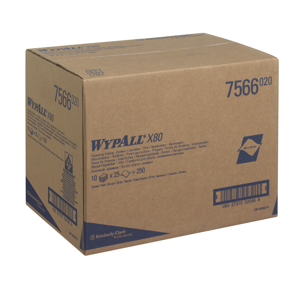 WypAll® X80 Farbcodierte Reinigungstücher 7566 – Reinigungstücher Grün – 10 Packungen x 25 Reinigungstücher für hohe Beanspruchung (insges. 250) - 7566