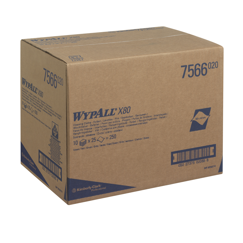 Chiffons de nettoyage à code couleur WypAll® X80 Critical Clean™ 7566 - Chiffons de nettoyage verts - 10 paquets x 25 chiffons de nettoyage intensif (250 au total) - 7566