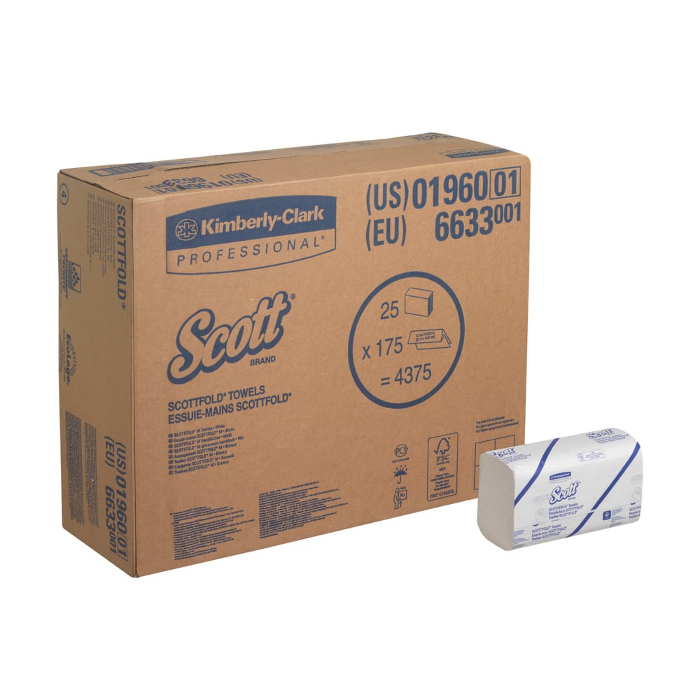 Scott® Multifold Hand Towels 6633 - 25 Packs x 175 White, 1 Ply Sheets (4,375 Sheets Total) - 6633