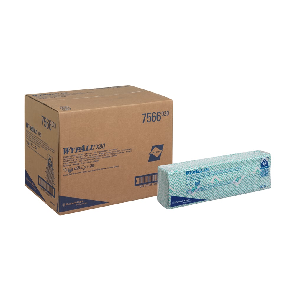 Chiffons de nettoyage à code couleur WypAll® X80 Critical Clean™ 7566 - Chiffons de nettoyage verts - 10 paquets x 25 chiffons de nettoyage intensif (250 au total) - 7566