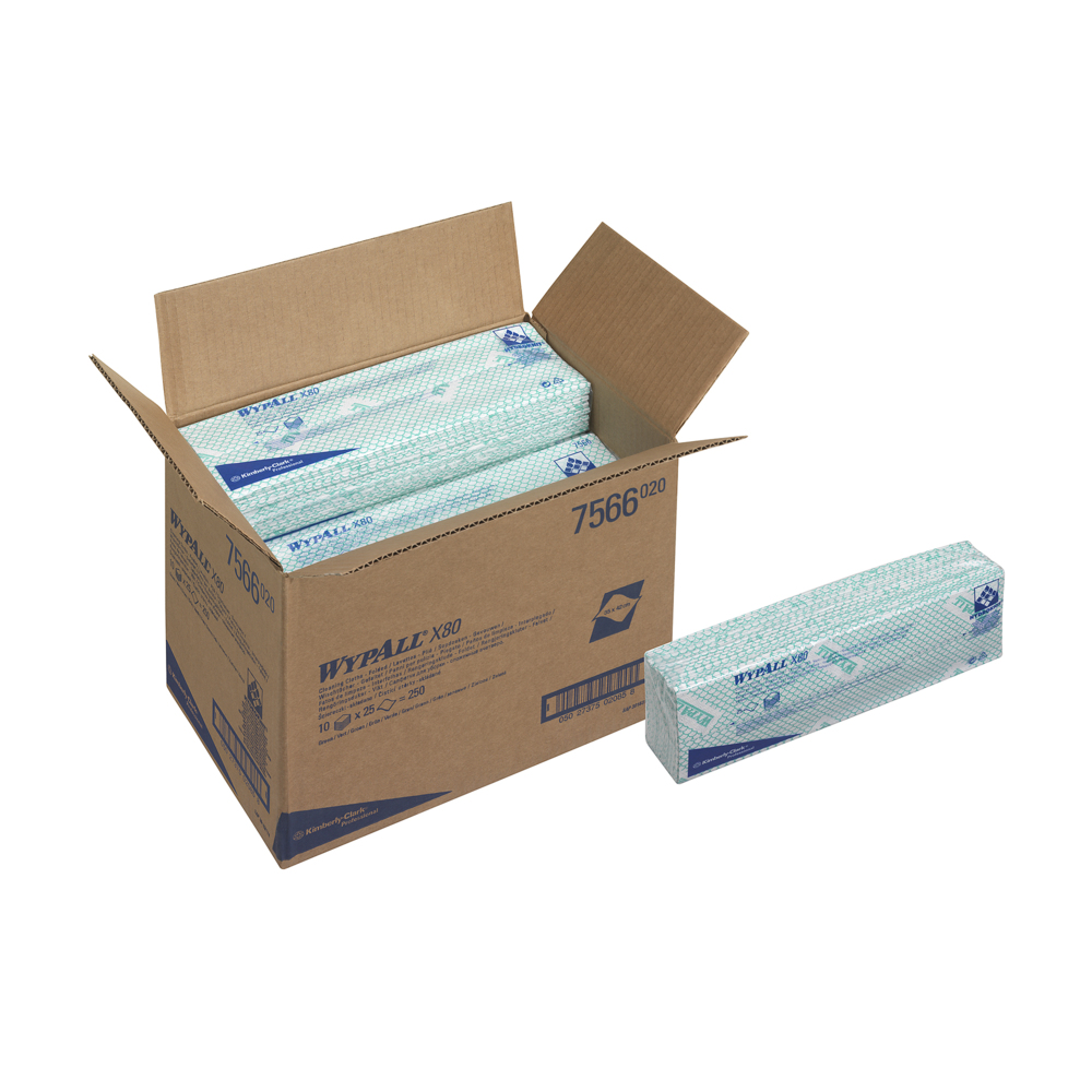WypAll® X80 Farbcodierte Reinigungstücher 7566 – Reinigungstücher Grün – 10 Packungen x 25 Reinigungstücher für hohe Beanspruchung (insges. 250) - 7566