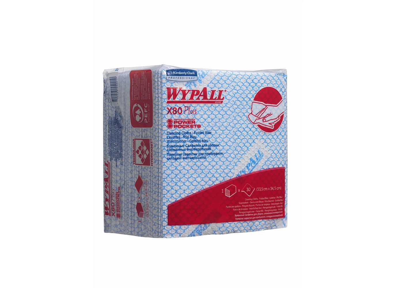 WypAll® X80 Plus-Tücher 19139 – 8 Packungen mit je 30 viertelgefalteten, blauen Tüchern - 19139