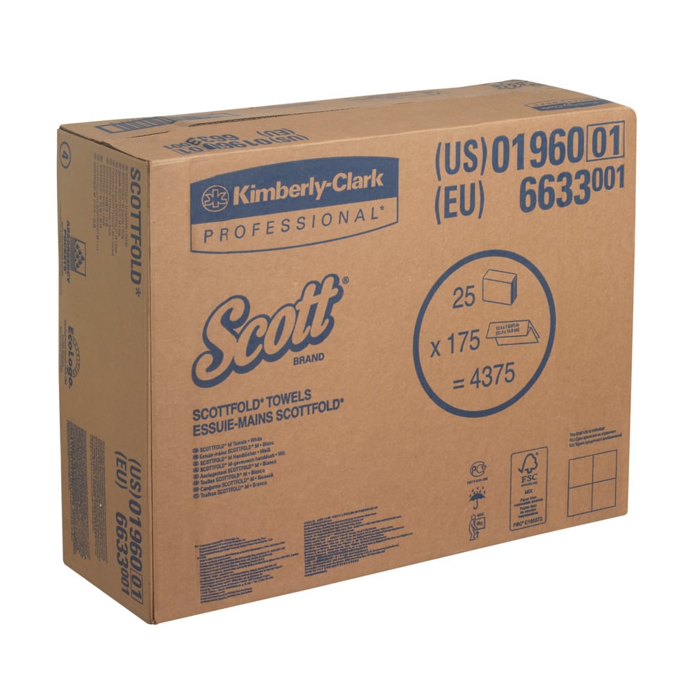 Scott® Multifold Hand Towels 6633 - 25 Packs x 175 White, 1 Ply Sheets (4,375 Sheets Total) - 6633