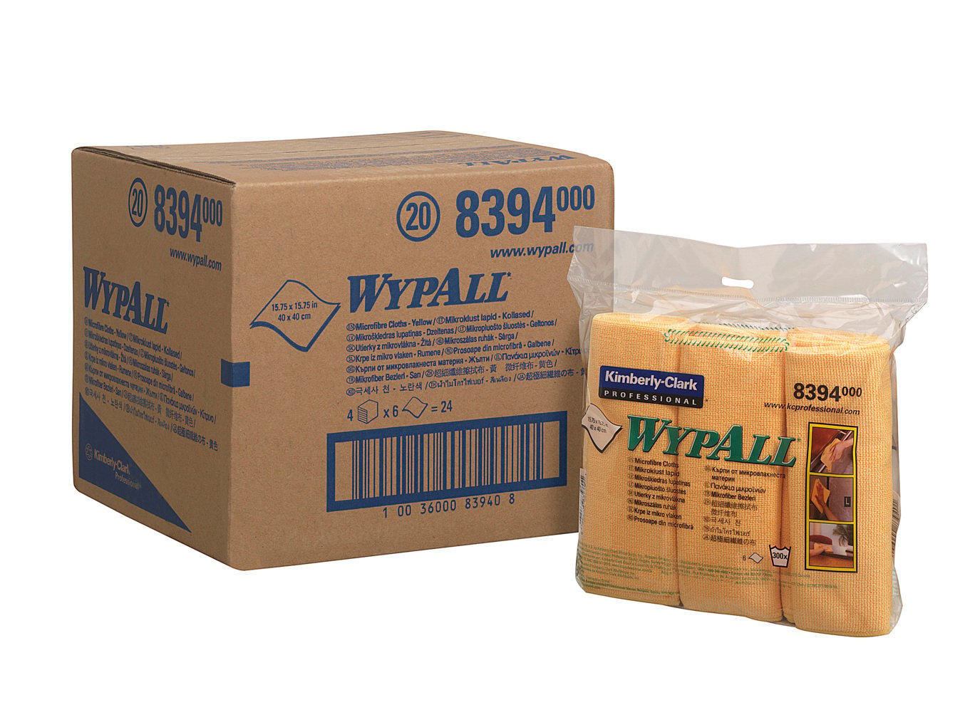 Chiffons en microfibres WypAll® 8394 - 4 paquets de 6 chiffons jaunes de 40 x 40 cm (24 au total) - 8394