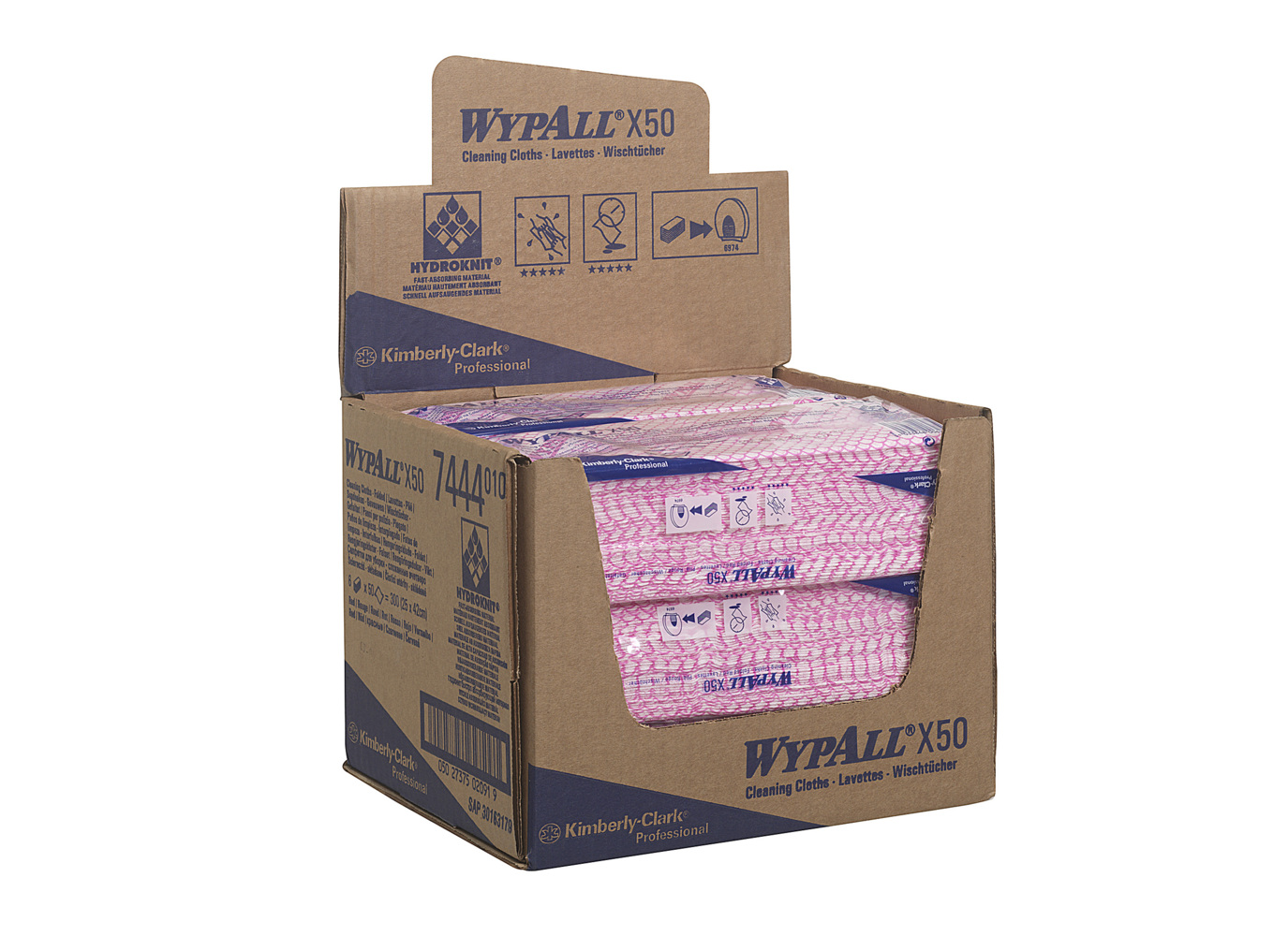 WypAll® X50 Colour Coded Cleaning Cloths 7444 - Red Wiping Cloths - 6 Packs x 50 Interfolded Colour Coded Cloths (300 total) - 7444