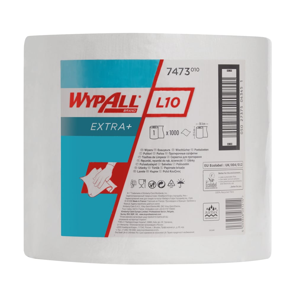 Essuyeurs WypAll® L10 Extra+ - Grand rouleau 7473 - 1 rouleau de 1 000 formats blancs, 1 épaisseur - 7473