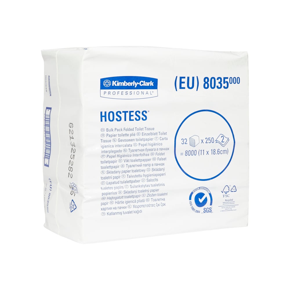 Hostess™ 32 Papel higiénico plegado en paquete a granel 8035, blanco, 2 capas, 32 x 250 (8000 hojas) - 8035