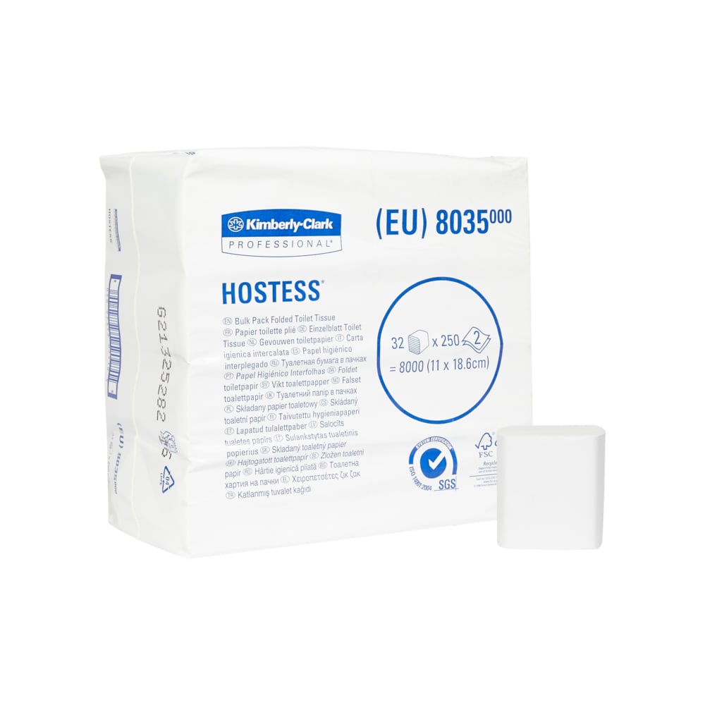 Hostess™ 32 Papel higiénico plegado en paquete a granel 8035, blanco, 2 capas, 32 x 250 (8000 hojas) - 8035