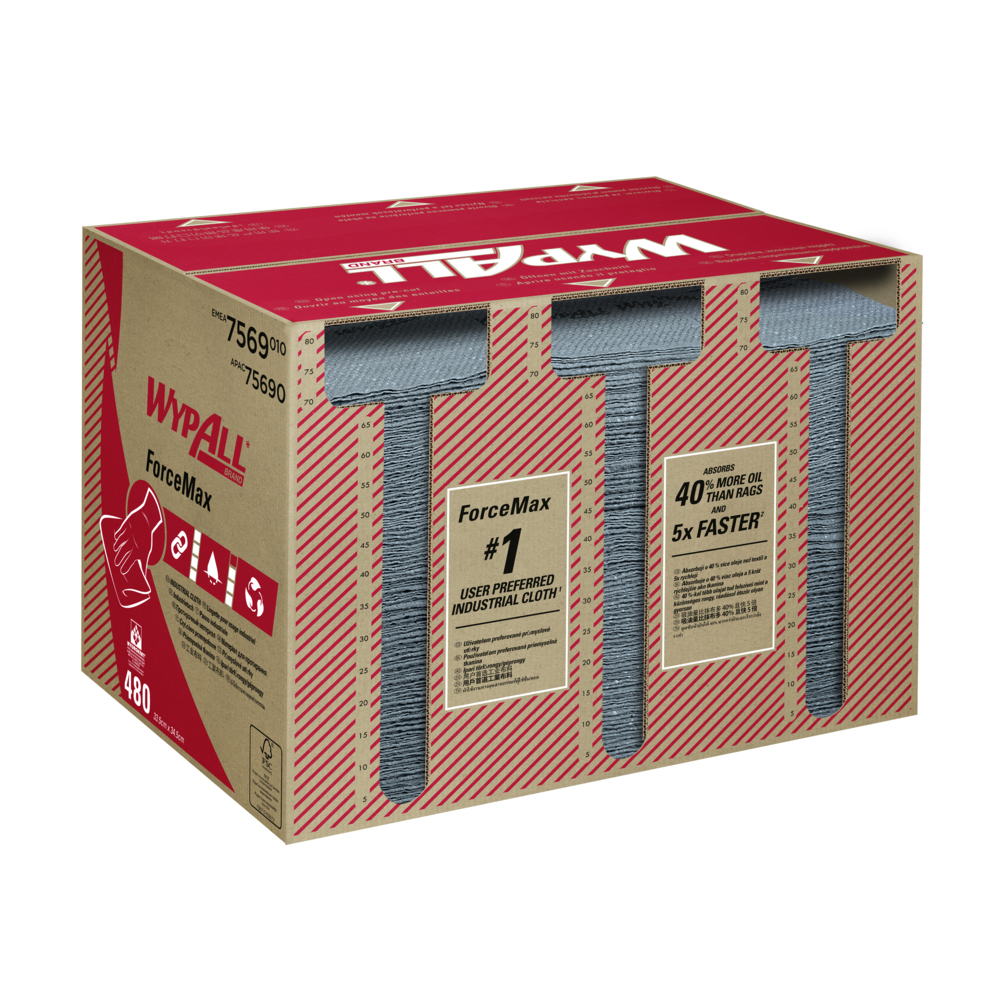 Chiffons industriels WypAll® ForceMax 7569 - 1 boîte de 480 chiffons gris, 1 épaisseur (480 au total) - 7569