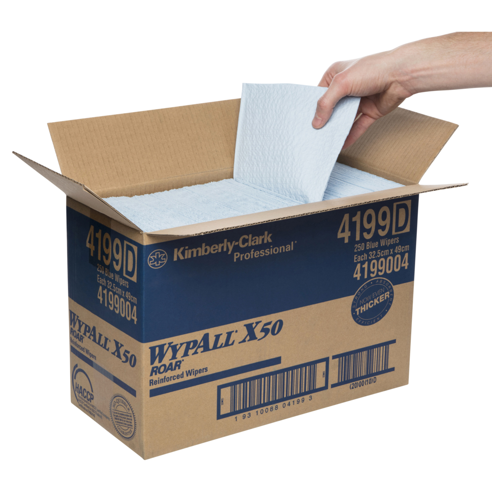 WYPALL® X50 Reinforced Single Sheet Blue Wipers (4199), 1 Box / Case, 250 Wipers / Box (250 Wipers total) - 99104199