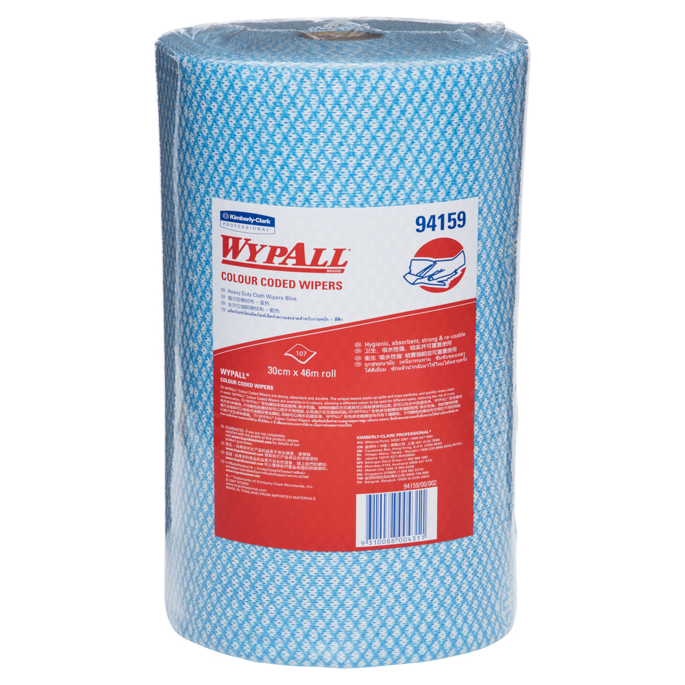 94159 WypAll® Blue Colour Coded Heavy Duty Wiper Rolls, 107 Wipers/Roll, Case of 4 Rolls - S050428272