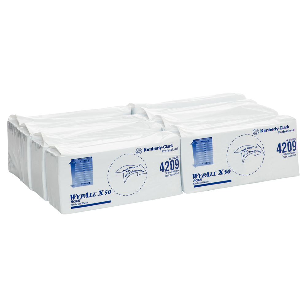 WYPALL® X50 Reinforced Single Sheet blue Wipers (4209), 8 Packs / Case, 75 Wipers / Pack ( 600 Wipers total) - 99104209