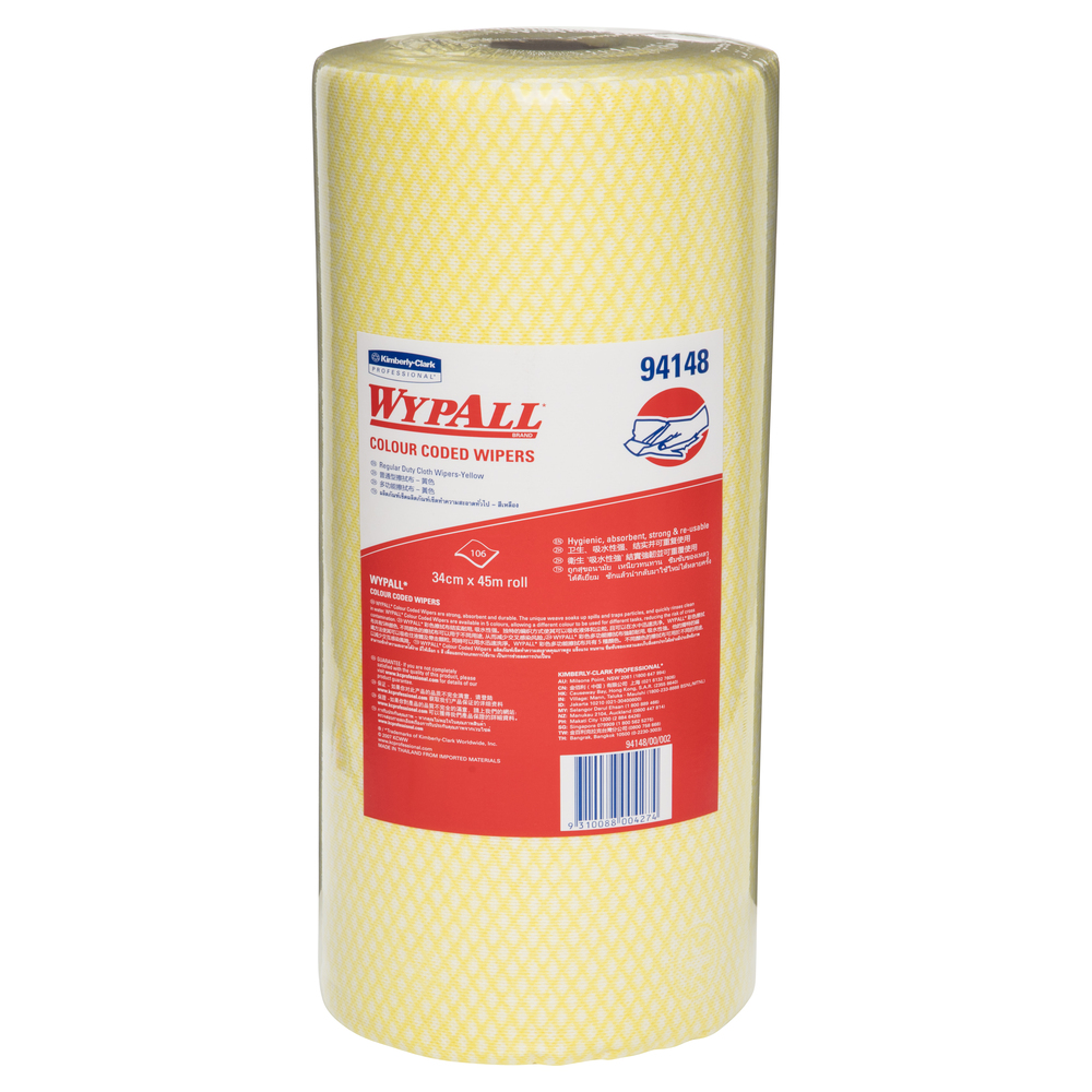 WYPALL® Colour Coded Wipers (94148), yellow Cleaning Wipers, 6 Wiper Rolls / Case, 106 Wipers / Roll (636 Total) - S050428266