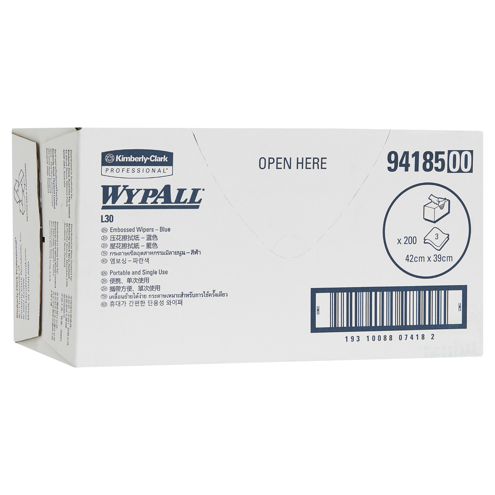 WYPALL® L30 Embossed Wipers (94185), Blue Wipers, 1 Box / Case, 200 Disposable Wipers / Box - S050064519