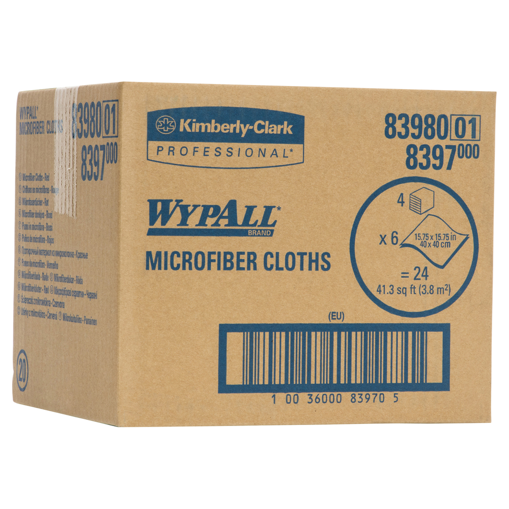 WypAll® Microfiber Cloths (83980), Red, Reusable, 4 Packs / Case, 6 Cloths / Bag (24 Cloths) - 991083980