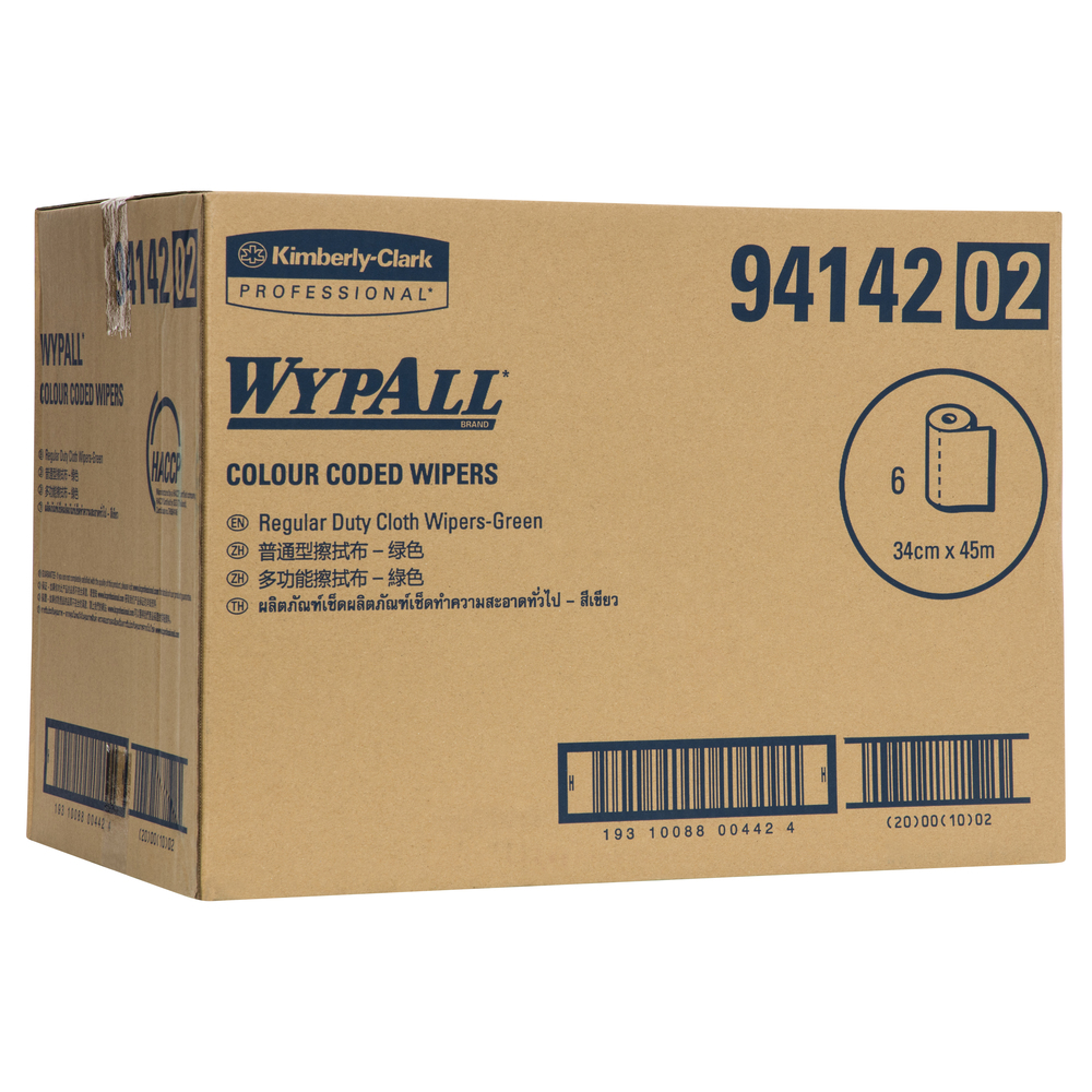 WYPALL® Colour Coded Wipers (94142), Green Cleaning Wipers, 6 Wiper Rolls / Case, 106 Wipers / Roll (636 Total) - S050428257
