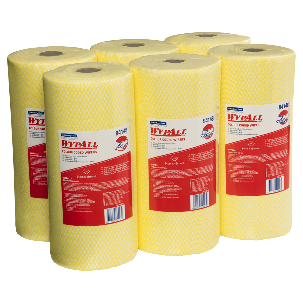WYPALL® Colour Coded Wipers (94148), yellow Cleaning Wipers, 6 Wiper Rolls / Case, 106 Wipers / Roll (636 Total) - S050428266