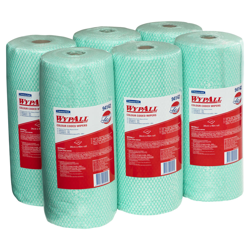 WYPALL® Colour Coded Wipers (94142), Green Cleaning Wipers, 6 Wiper Rolls / Case, 106 Wipers / Roll (636 Total) - S050428257