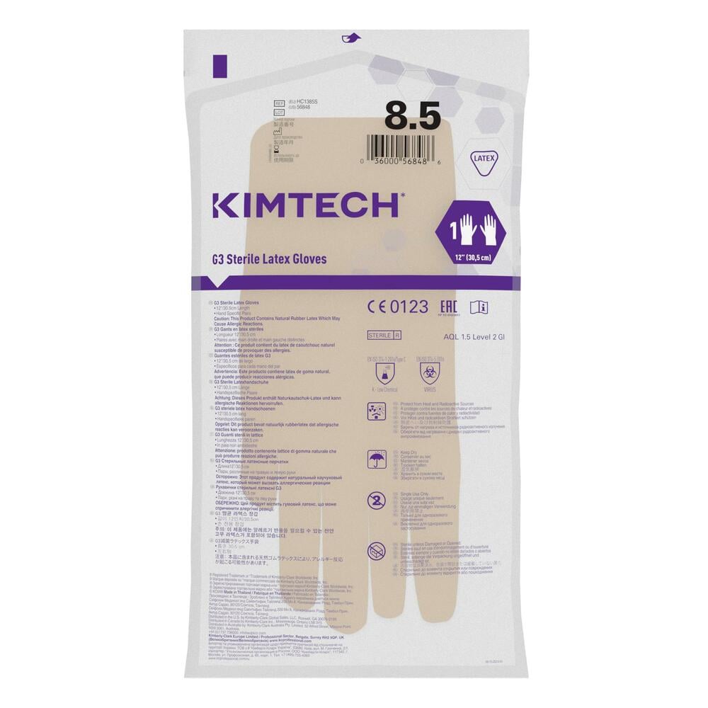 Gants de forme anatomique stériles en latex Kimtech™ G3 - HC1385S, couleur naturelle, taille 8,5, 10 x 20 paires (400 gants), longueur 30,5 cm - HC1385S