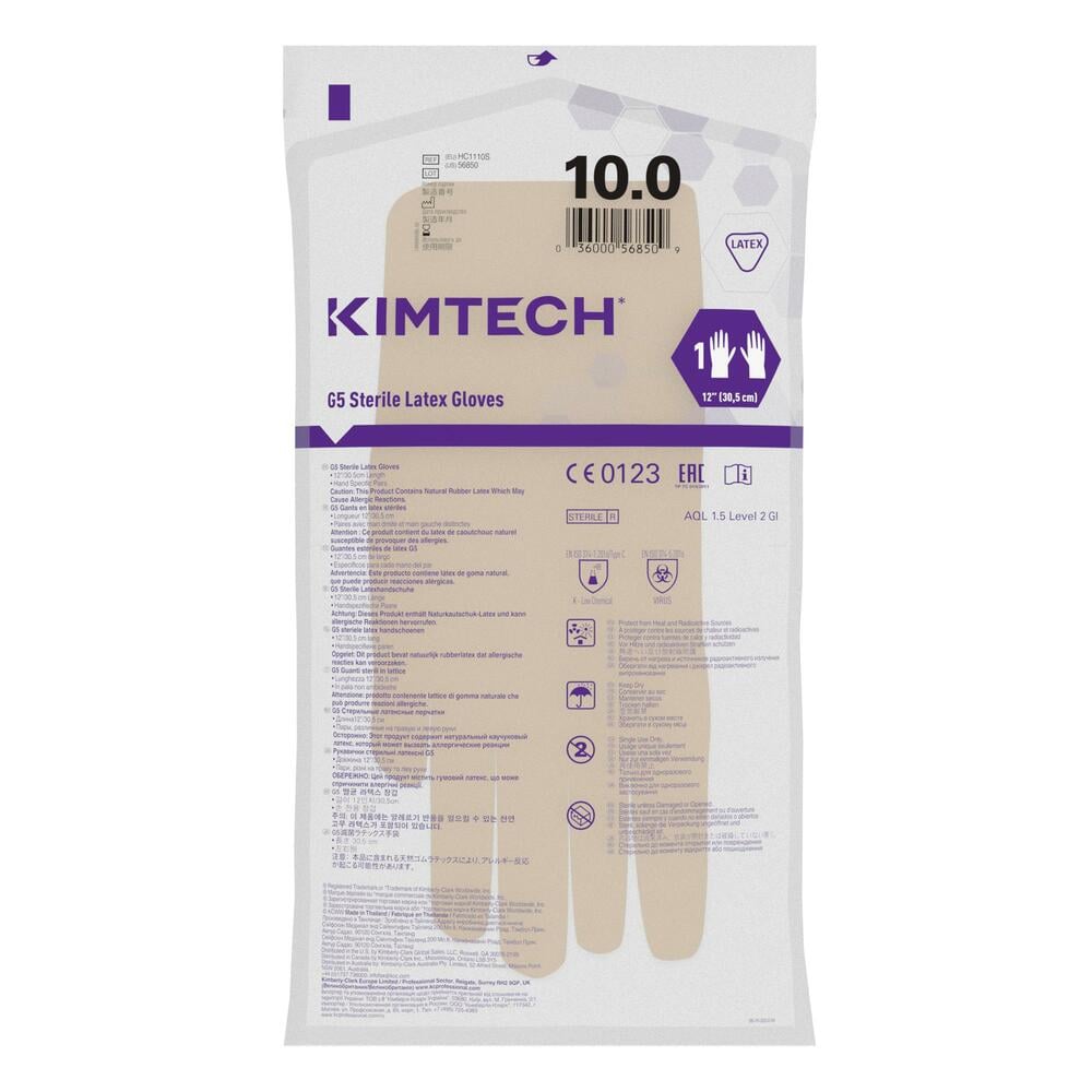 Gants de forme anatomique stériles en latex Kimtech™ G5 - HC1110S, couleur naturelle, taille 10, 10 x 20 paires (400 gants), longueur 30,5 cm - HC1110S