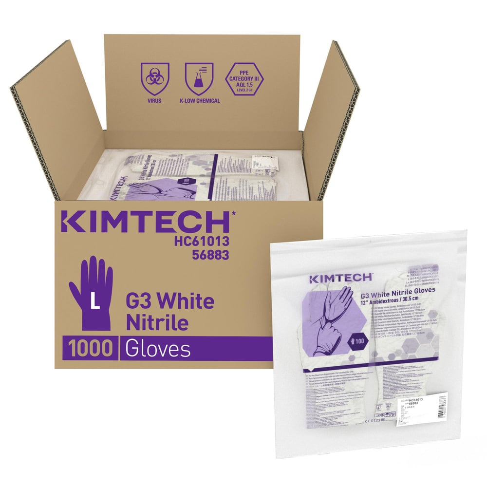 Gants ambidextres blancs en nitrile Kimtech™ G3 - HC61013, blanc, taille L, 10 x 100 (1 000 gants), longueur 30,5 cm - HC61013