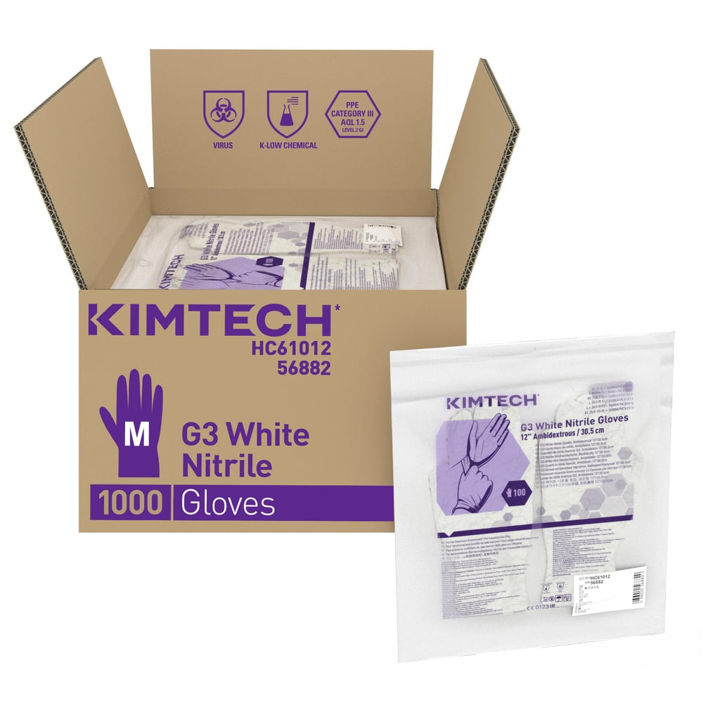 Gants ambidextres blancs en nitrile Kimtech™ G3 - HC61012, blanc, taille M, 10 x 100 (1 000 gants), longueur 30,5 cm - HC61012