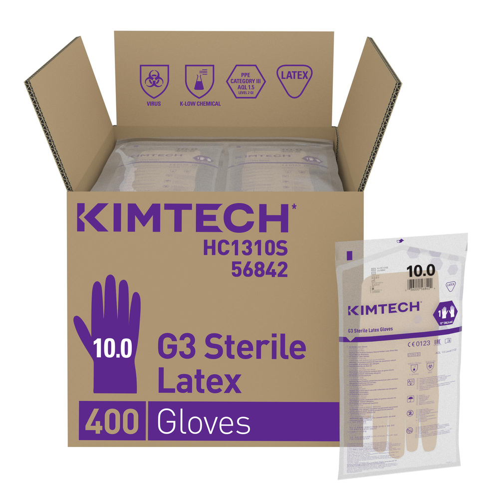 Gants de forme anatomique stériles en latex Kimtech™ G3 - HC1310S, couleur naturelle, taille 10, 10 x 20 paires (400 gants), longueur 30,5 cm - HC1310S