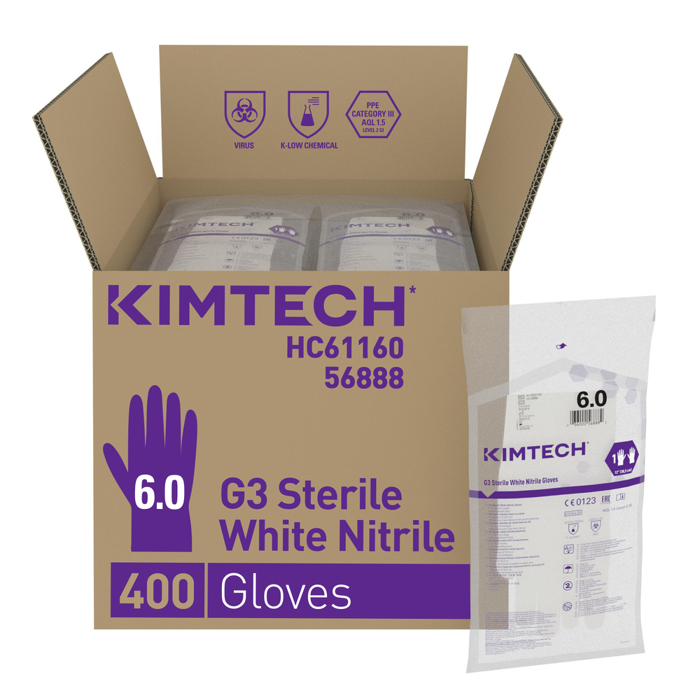 Kimtech™ G3 Sterile White Nitrile Hand Specific Gloves HC61160 - White, 6, 10x20 pairs (400 gloves), length 30.5 cm - HC61160