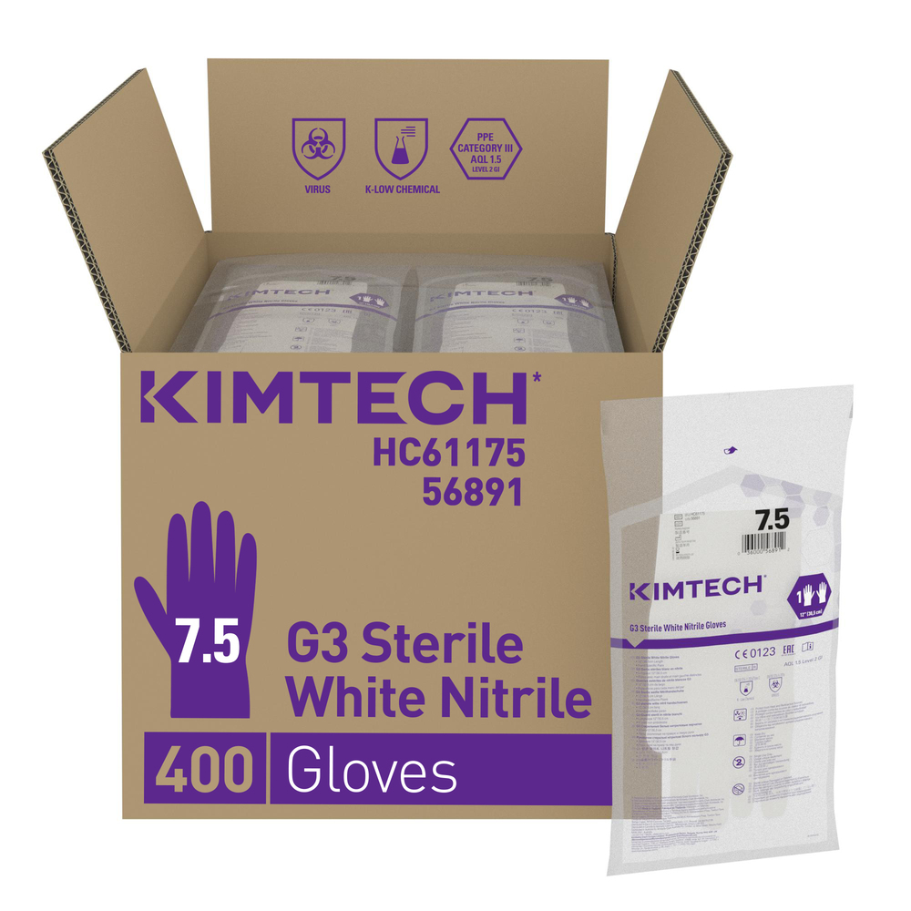 Kimtech™ G3 Sterile White Nitrile Hand Specific Gloves HC61175 - White, 7.5, 10x20 pairs (400 gloves), length 30.5 cm - HC61175