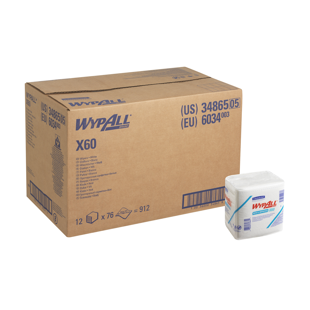 Chiffons WypAll® X60 pliés en 4 6034 - 12 paquets de 76 chiffons blancs pliés en quatre - 6034