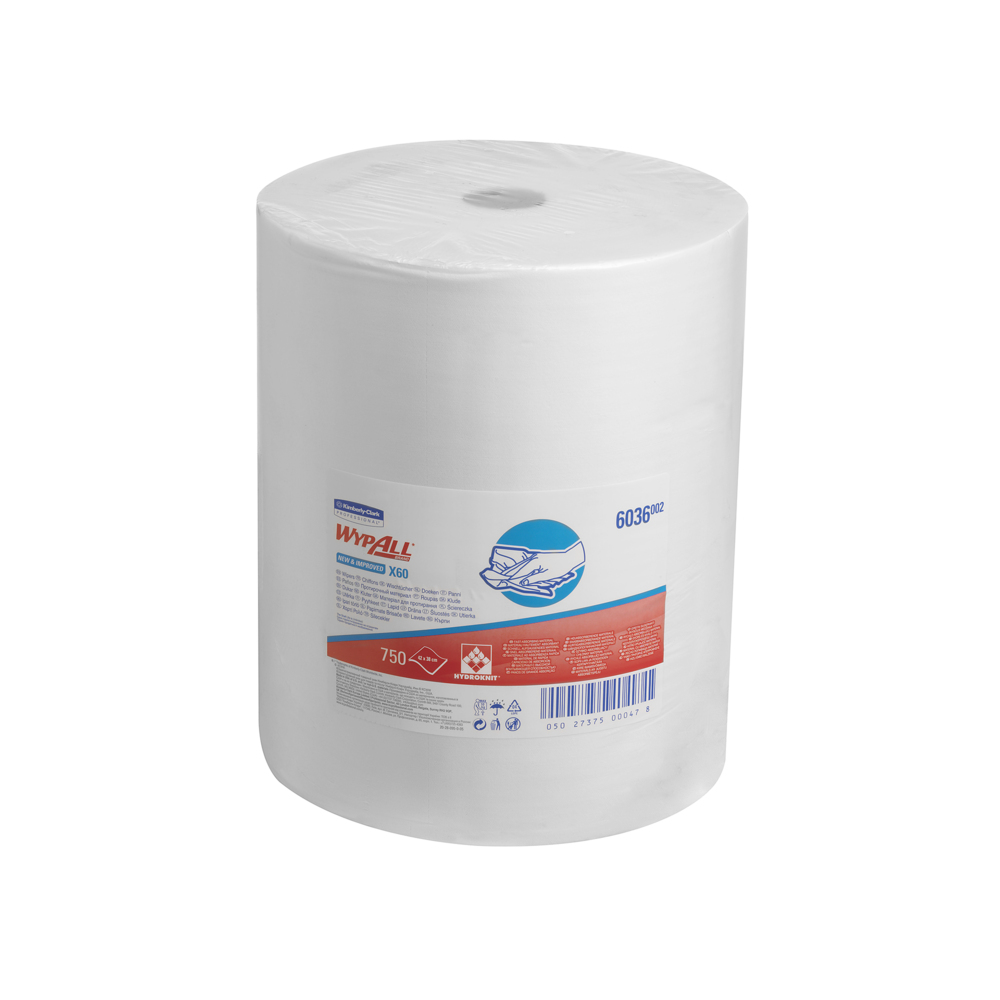 Chiffons WypAll® X60 6036 - 1 grand rouleau de 750 chiffons blancs, 1 épaisseur - 6036