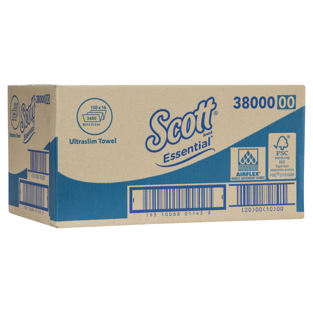 SCOTT® ESSENTIAL® Ultraslim Towels (38000) Multifold Hand Towels, White, 16 Packs / Case, 150 Hand Towels / Pack (2400 Hand Towels) - S055156134