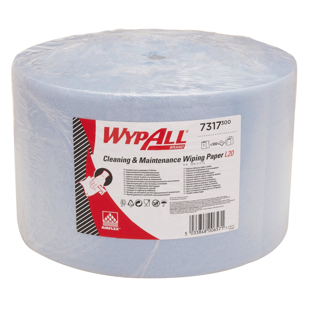 WypAll® Papierwischtücher für Instandhaltungsarbeiten L20, Jumborolle – extralang 7317 – 1 Rolle x 1.000 Wischtücher, 2-lagig, blau - 7317