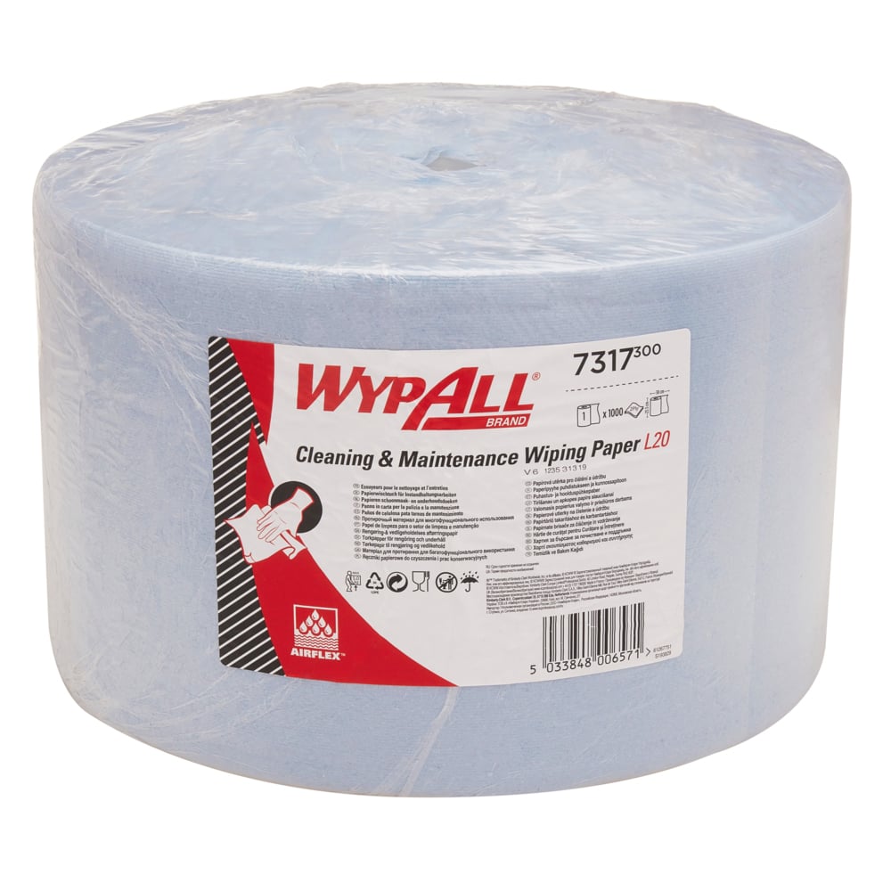 WypAll® Cleaning & Maintenance Wiping Paper L20 Jumbo Roll - Extra Long 7317 - 1 roll x 1,000 sheets, 2 ply, blue - 7317