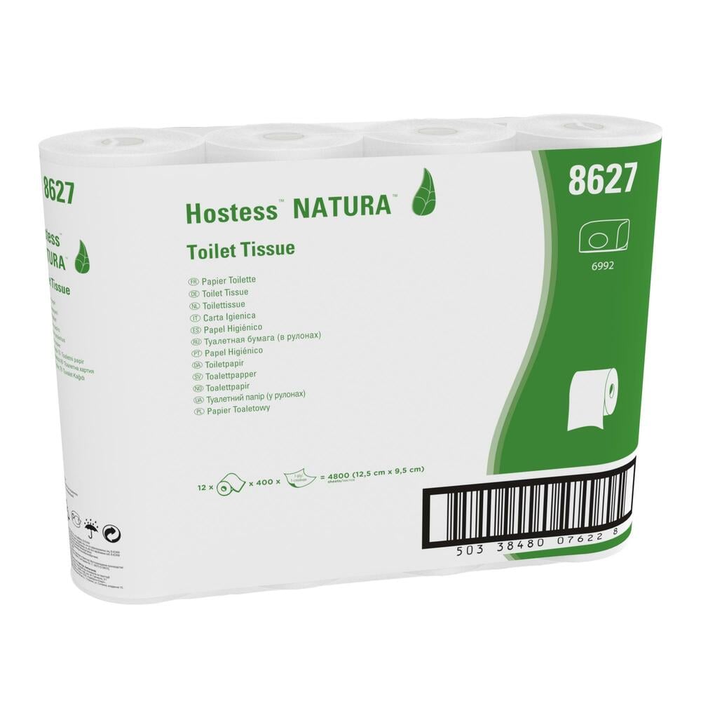 Hostess™ NATURA™ Standard-Toilettenpapierrollen 8627 – 96 Rollen mit je 400 weißen, 1-lagigen Blättern (38.400 Blätter) - 8627