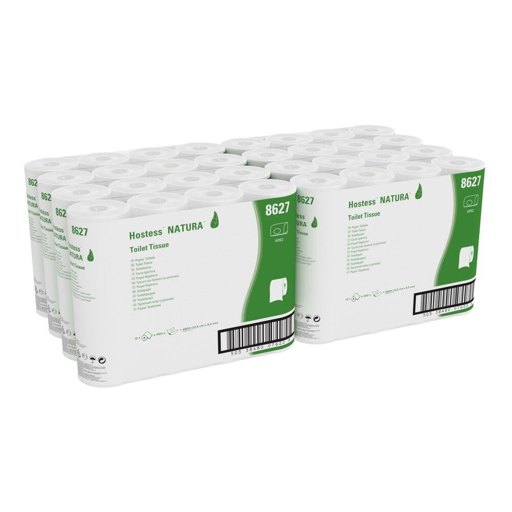 Hostess™ NATURA™ Standard-Toilettenpapierrollen 8627 – 96 Rollen mit je 400 weißen, 1-lagigen Blättern (38.400 Blätter) - 8627