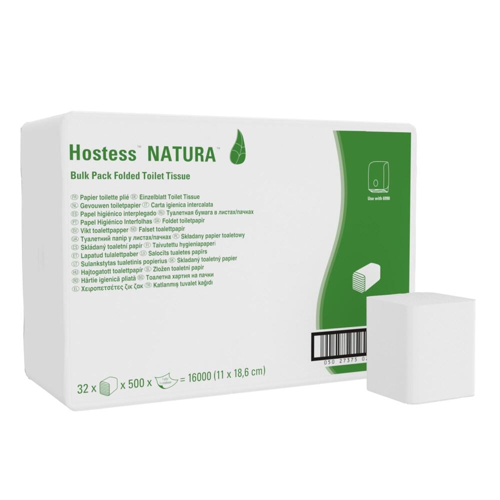 Hostess™ NATURA™ Сложенная туалетная бумага, код 8036, 32 упаковки x 500 листов белой однослойной бумаги (итого 16 000 шт.) - 8036