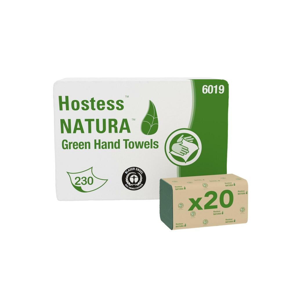 Hostess™ NATURA™ Folded Hand Towels 6019 - Z Fold Paper Towels - 20 Packs x 230 Green Paper Hand Towels (4,600 total) - 6019