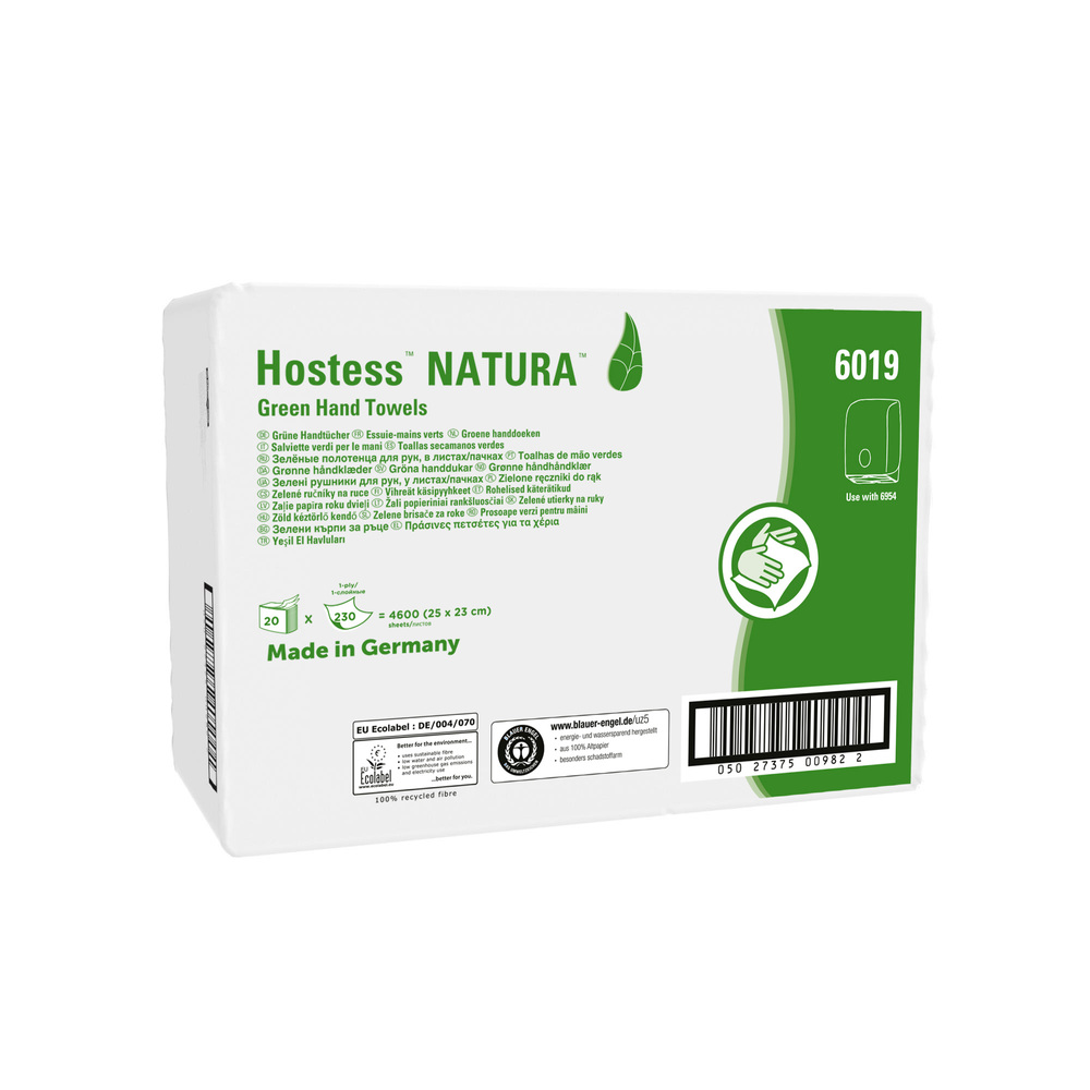 Hostess™ NATURA™ Folded Hand Towels 6019 - Z Fold Paper Towels - 20 Packs x 230 Green Paper Hand Towels (4,600 total) - 6019