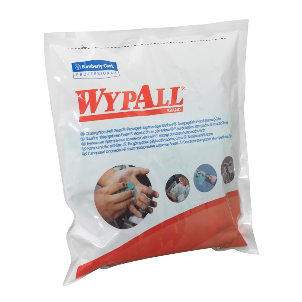 WypAll® Reinigungstücher Nachfüllpack 7776 – 75 grüne, 1-lagige, vorgetränkte Tücher pro Beutel (Karton enthält 6 Beutel) - 7776