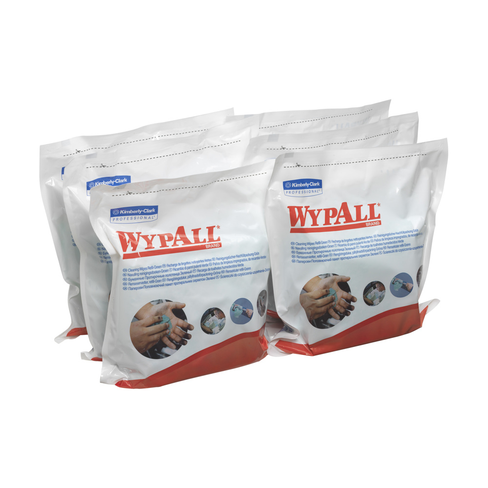WypAll® Cleaning Wipes Refill 7776 - 75 green, 1 ply, pre-soaked sheets per bag (case contains 6 bags) - 7776