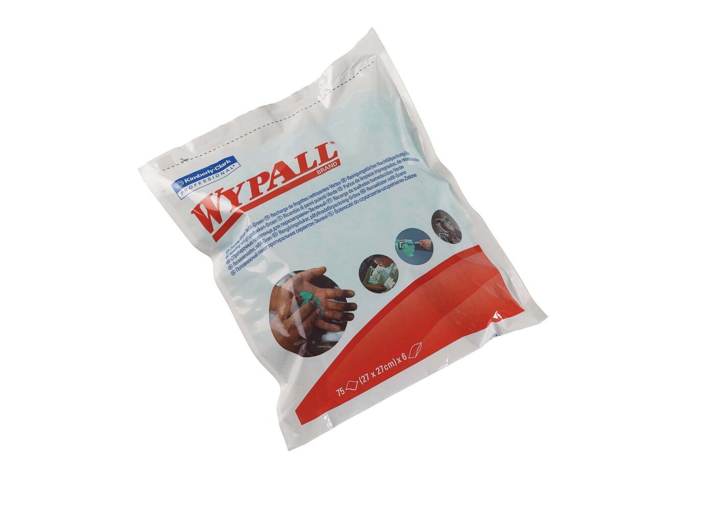Lingettes nettoyantes WypAll® - Recharge 7776 - 75 formats verts, 1 épaisseur, pré-imprégnés par sachet (6 sachets par boîte) - 7776