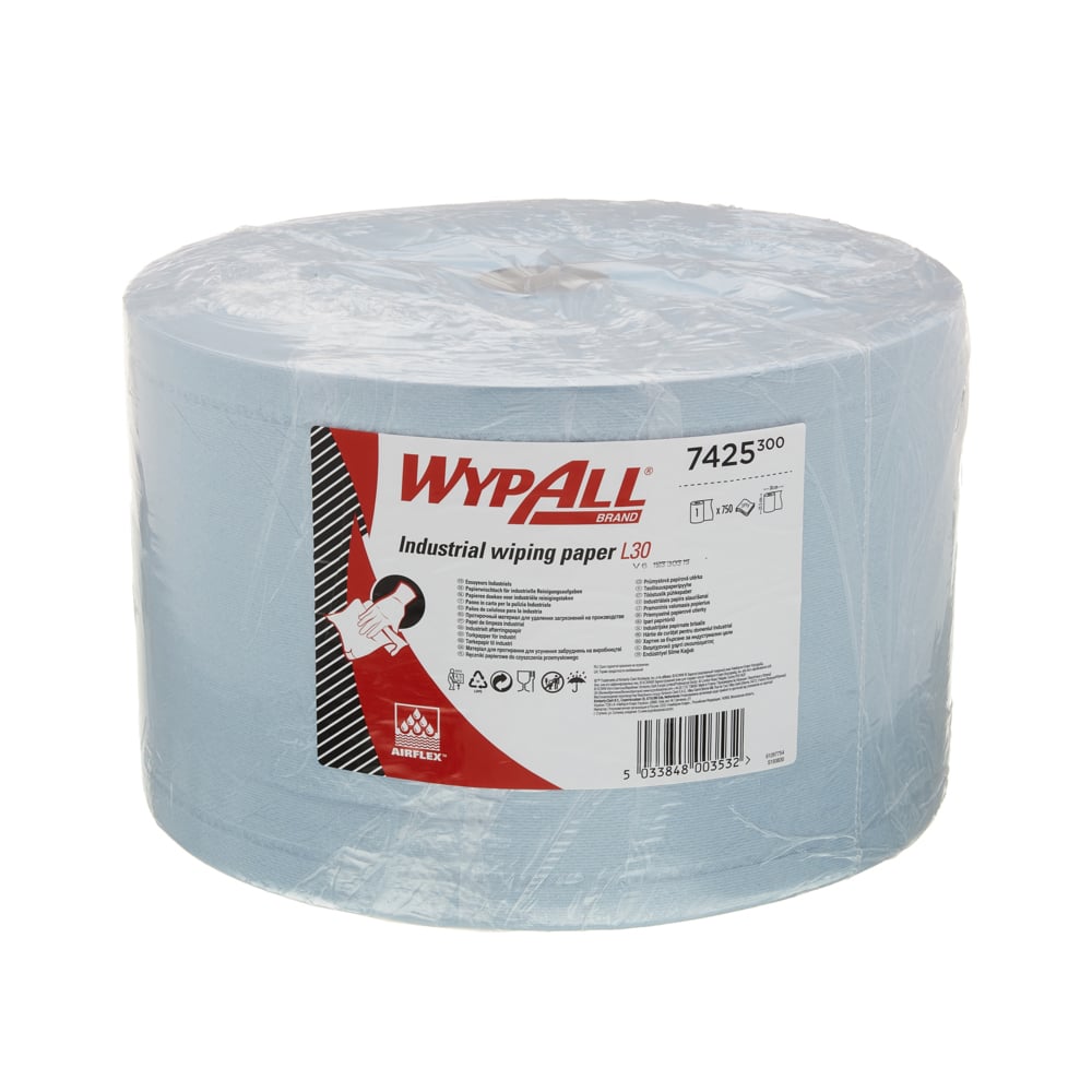 WypAll® Papieren reinigingsdoeken voor industriële reinigingstaken Jumborol L30 7425 - 1 rol x 750 vellen, 3-laags, blauw - 7425