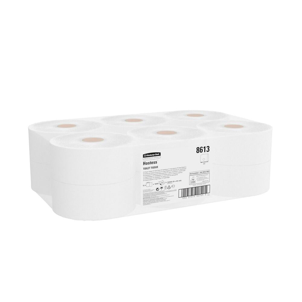 Papier toilette en rouleau Jumbo Hostess™ 8613, 12 rouleaux de 1 000 feuilles blanches, 1 épaisseur (4 800 m au total) - 8613