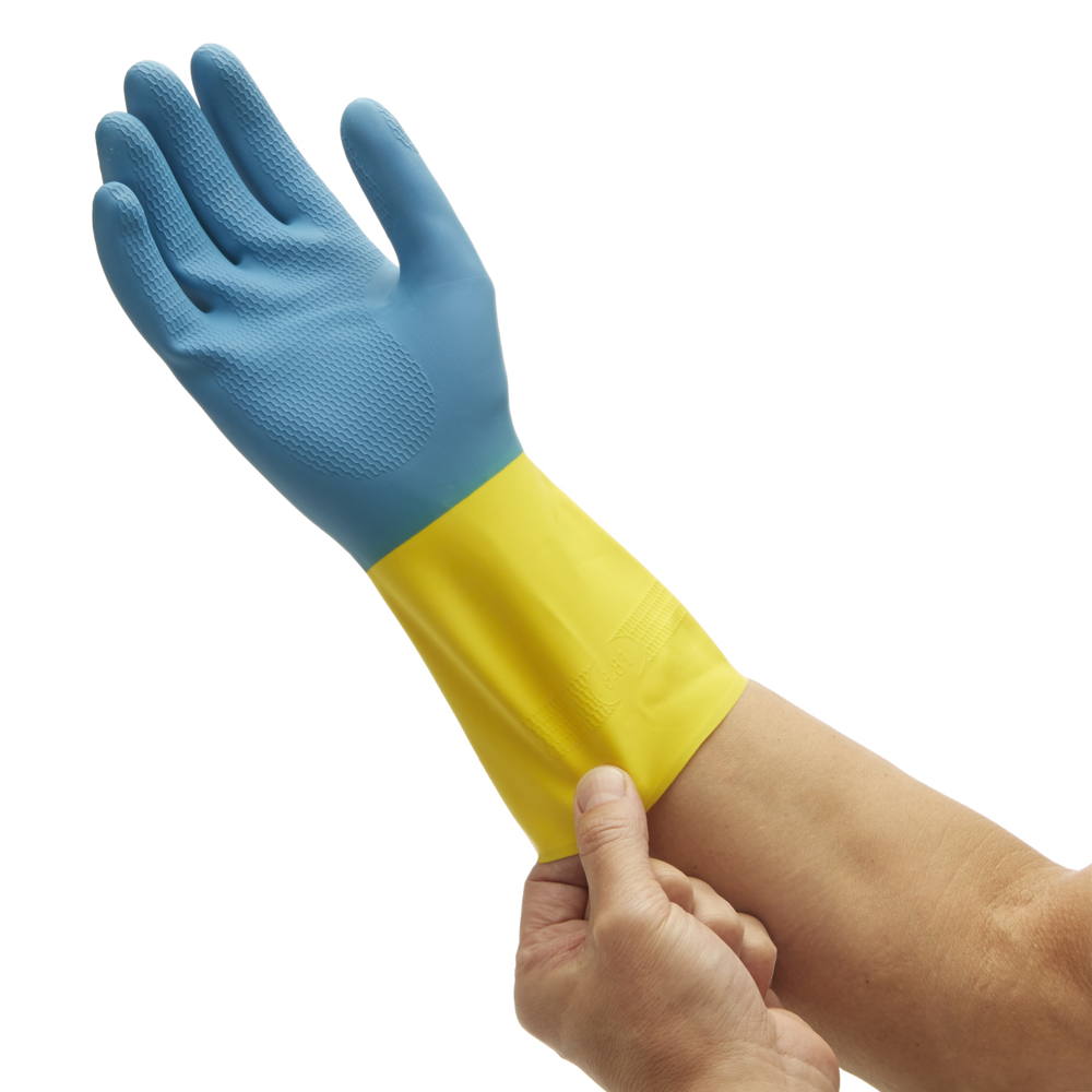 Gants de forme anatomique KleenGuard® G80 Néoprène résistants aux produits chimiques 38742 - Jaune et bleu, taille 8, 5 x 12 paires (120 gants) - 38742