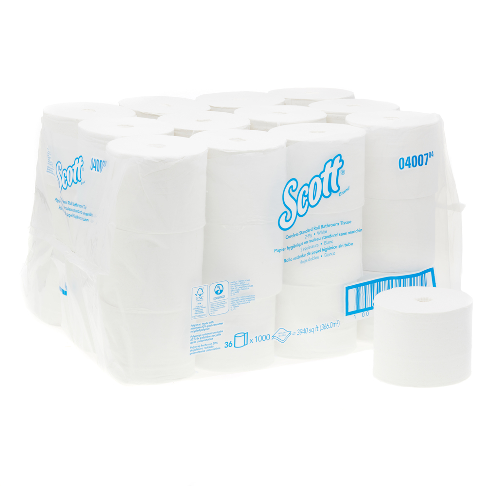 Papier toilette en rouleau standard sans tube Scott® Essential™ 4007, 36 rouleaux de 1 000 feuilles blanches, 2 épaisseurs (36 000 feuilles au total) - 4007