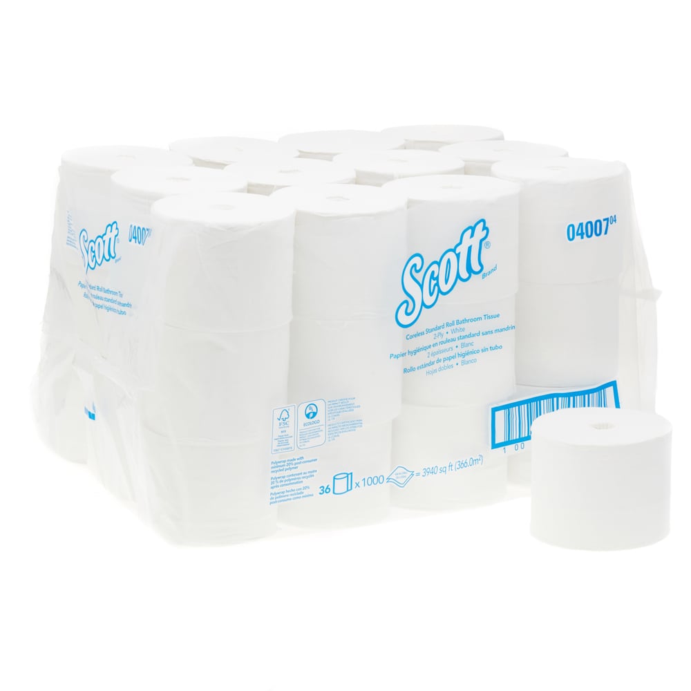 Rotolo di carta igienica standard senza anima Scott® Essential™ 4007 - 36 rotoli x 1.000 strappi a 2 veli, colore bianco (36.000 strappi) - 4007