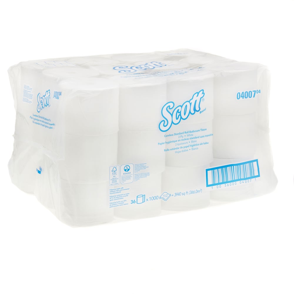 Papier hygiénique en rouleau standard fait de fibres recyclées à 100 %  Scott® (13217), avec design rehaussé, 2 épaisseurs, blancs, rouleaux  enveloppés individuellement (473 feuilles/rouleau, 80 rouleaux/caisse, 37  840 feuilles/caisse);Papier hygiénique en