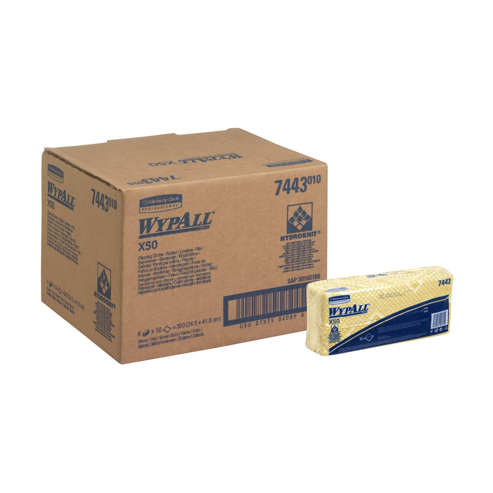 WypAll® X50 Colour Coded Cleaning Cloths 7443 - Yellow Wiping Cloths - 6 Packs x 50 Interfolded Colour Coded Cloths (300 total) - 7443