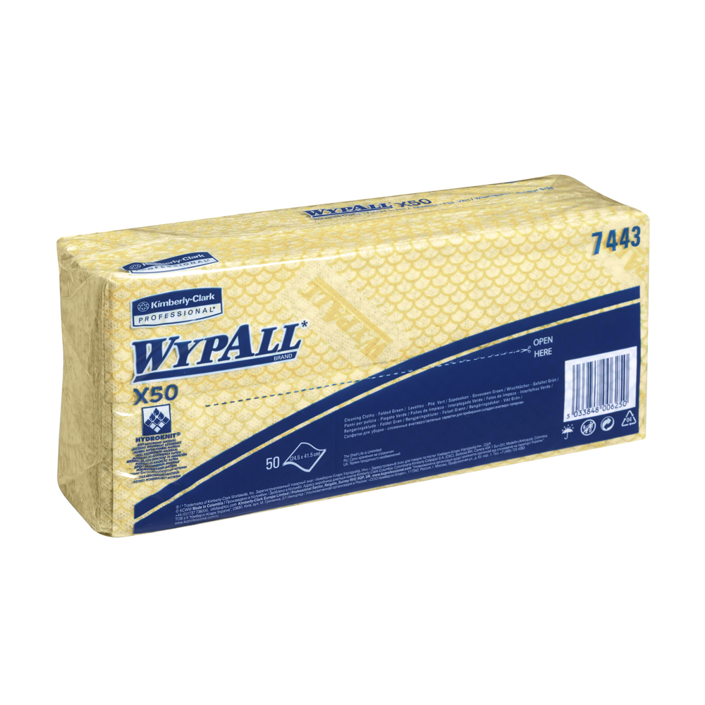 WypAll® X50 Farbcodierte Reinigungstücher 7443 Gelb – 6 Packungen x 50 Farbcodierte Wischtücher mit Interfold-Faltung (insges. 300) - 7443